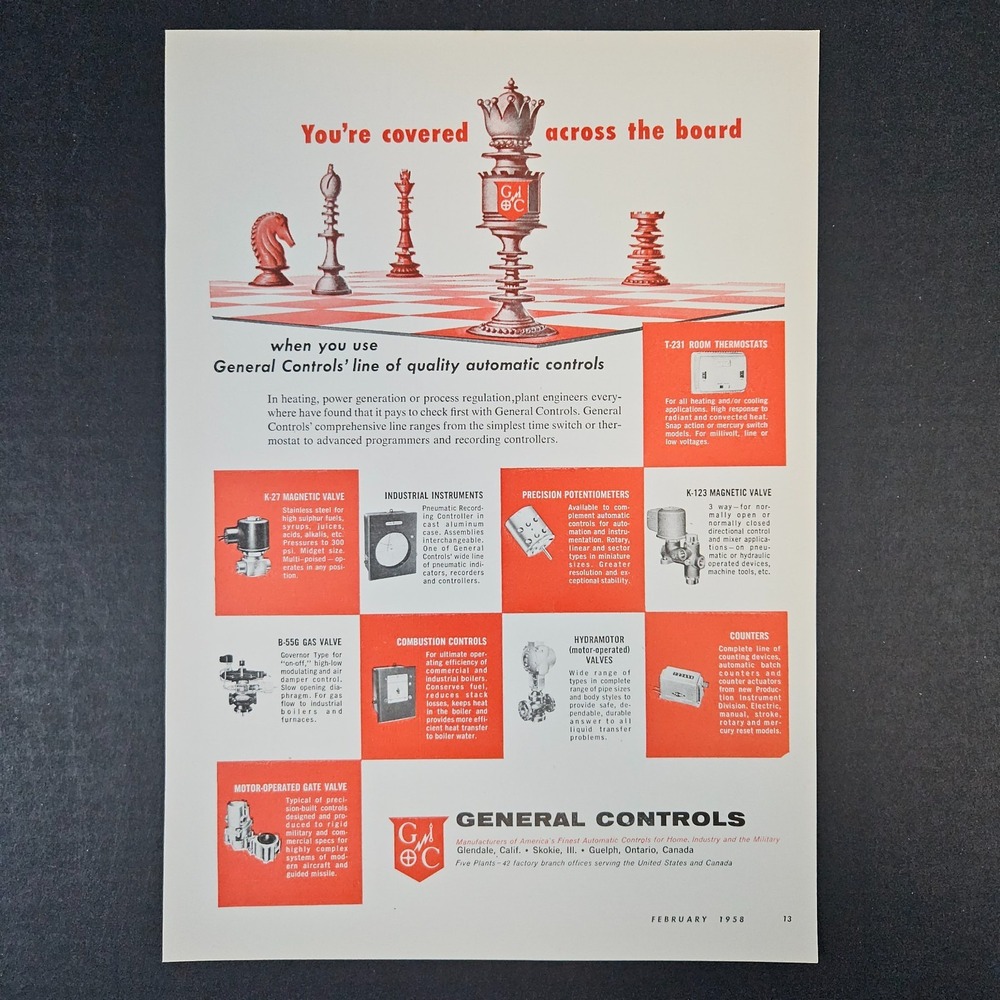 1958 General Controls Valves Counters Instruments Vintage Print Ad Chess‎ Board